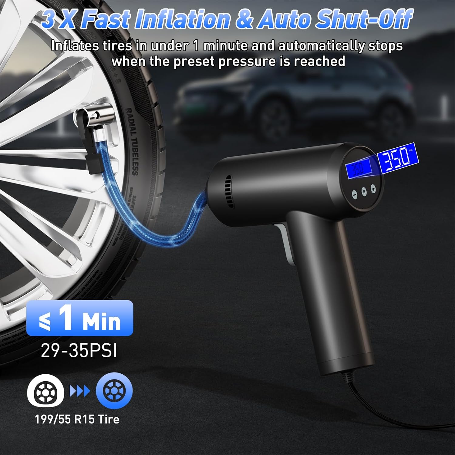 Tire Inflator – High-Power 12V Car Air Pump for Fast Tire Inflation | Auto Shut-Off, LED Display & Compact Design for Cars, Motorcycles & Bikes