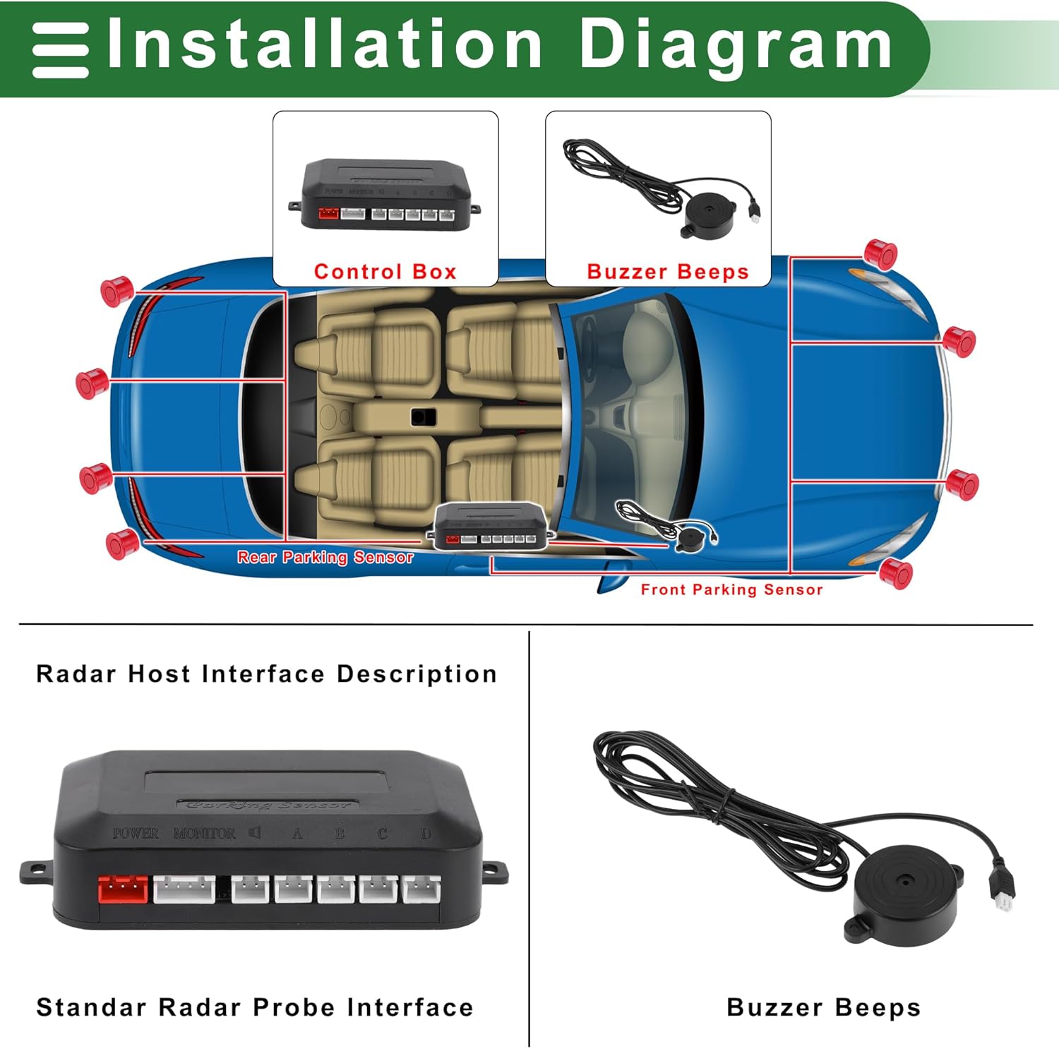 Motoforti Universal Car Auto Vehicle Reverse Backup Radar System Reverse Parking Sensors Alarm Buzzer Reminder Distance Detection Red 2 Parking Sensors
