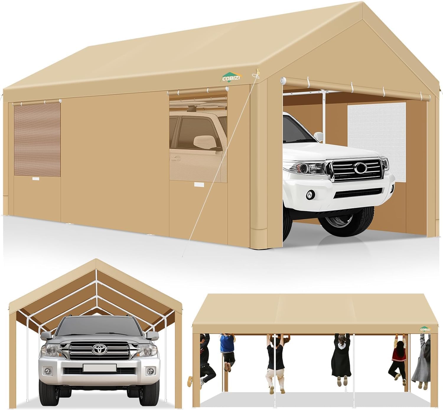 COBIZI Carport 10x20ft Heavy Duty Portable Garage, 2.0 Powder Coated Frame(Better Than Galvanized), Waterproof Shelter with Removable Sidewalls & Windows, Built-in Sandbags, for Car/Boat/SUV, Khaki
