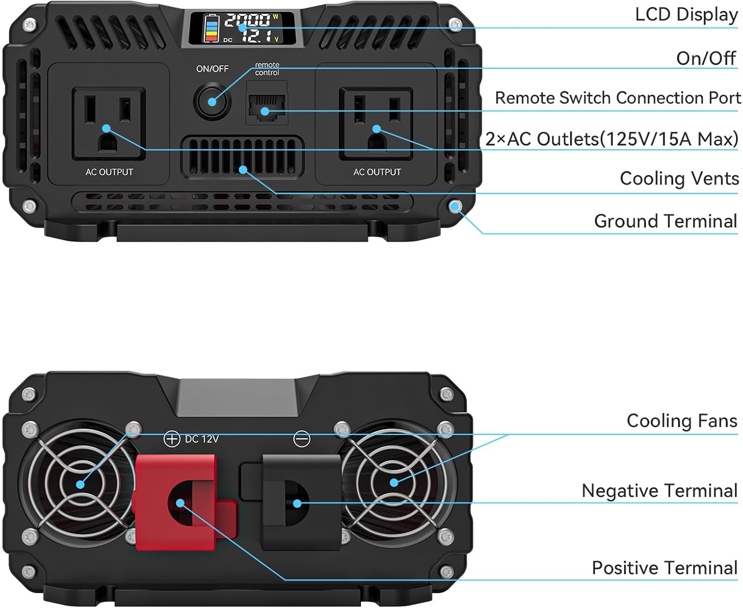 ALLWEI 2000W Pure Sine Wave Inverter 12V DC to 110V AC Converter, Surge 4000W, 2 AC Sockets, LCD Display, Power Inverters for Vehicles, RV, Truck, Home, Solar & Off-Grid Inverter, Remote Controller