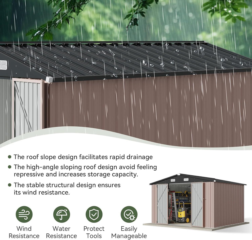 Aoxun 10x8.5 FT Outdoor Storage Shed Garden Metal Shed with Lockable Door Outdoor Large Shed for Tool, Garbage Can, Bike, Mower, Brown