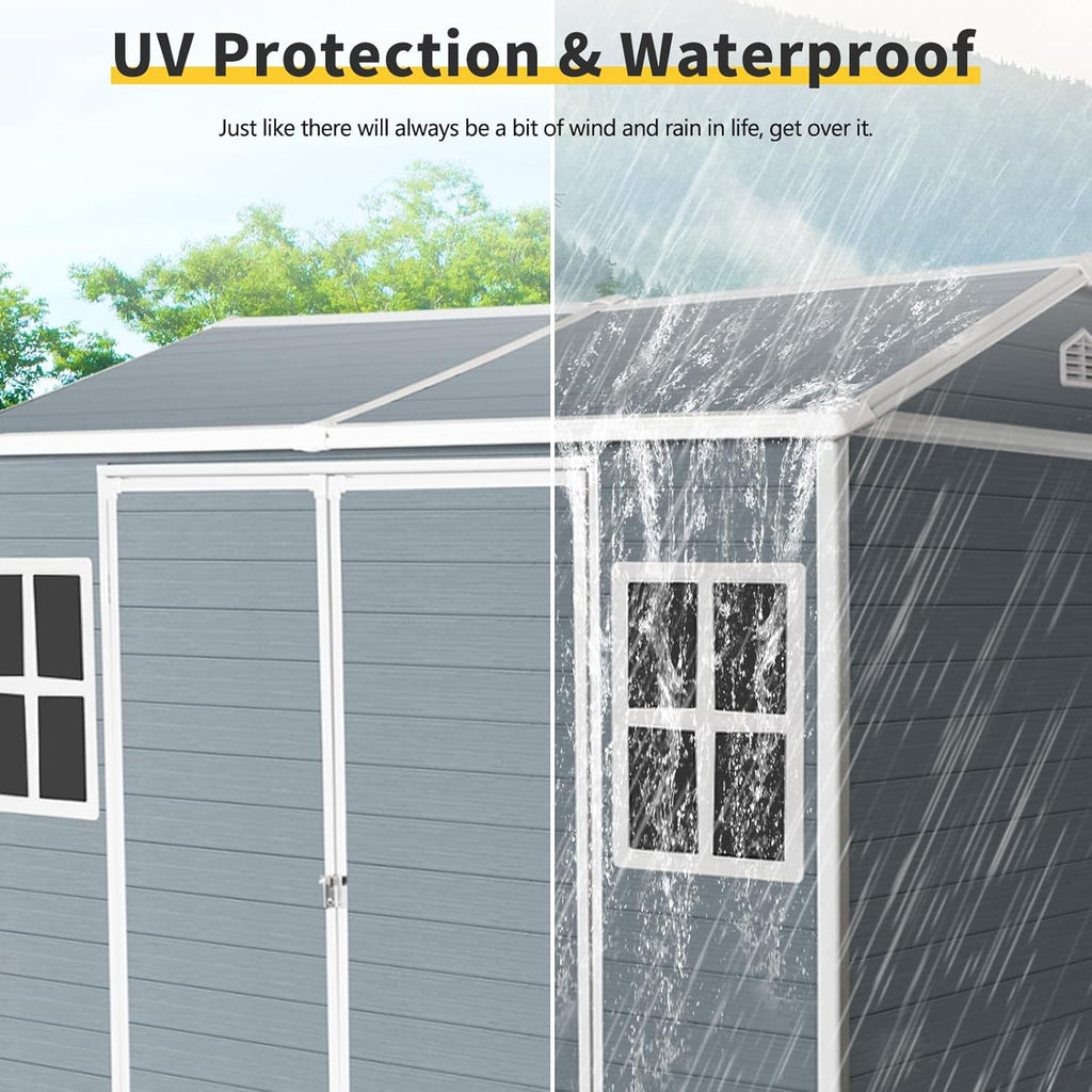8x6 FT Outdoor Storage Resin Shed with Floor,Waterproof Plastic Garden Bike Shed with Lockable Door, Sloped Roof, Vents & Windows, Easy Assembly Tool Shed for Lawn, Backyard, Patio, Grey