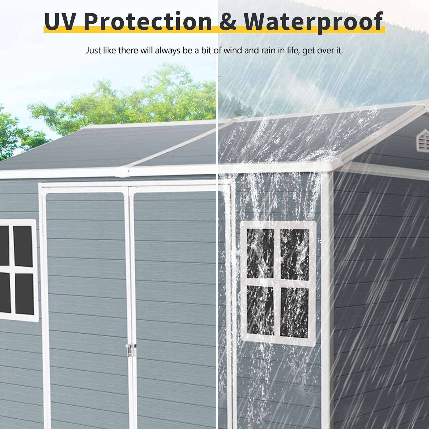 8x6 FT Outdoor Storage Shed, Resin Garden Shed with Thick Floor, Plastic Storage Shed with 2 Windows, Waterproof Outside Tool Shed with Lockable Hinged Doors for Backyard, Patio, Lawn, Light Gray