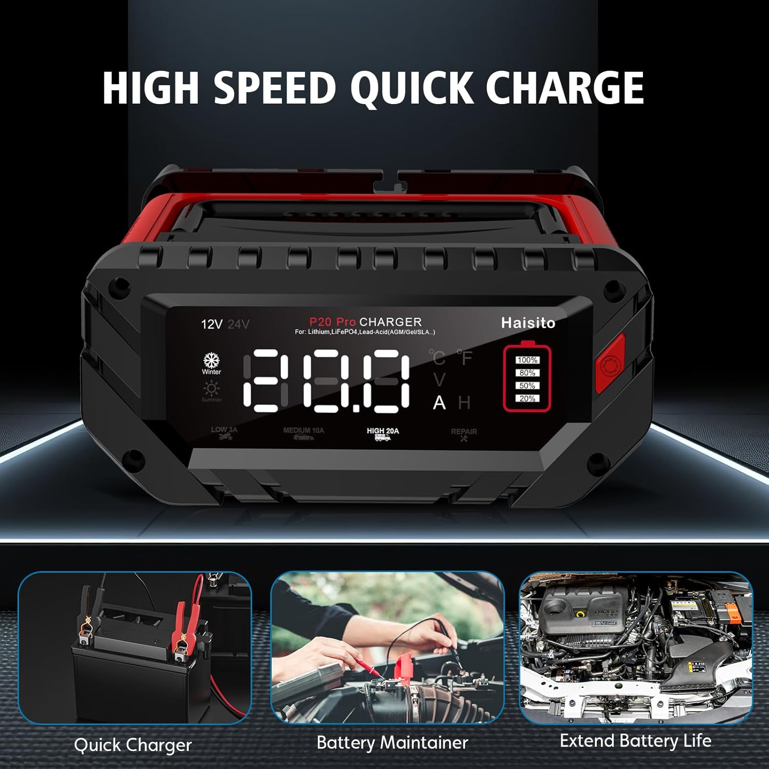 Haisito 20 Amp Lithium Battery Charger, 12V and 24V Lifepo4,Lead-Acid(AGM/Gel/SLA..) Portable Car Battery Charger,Battery Maintainer, Trickle Charger, and Battery Desulfator for Car,Boat, H-20-PRO