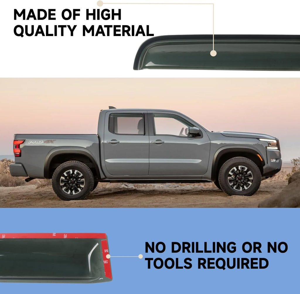 Window Visor Rain Guards Fit for Nissan Frontier Crew Cab 2005-2021 Trucks, Outside Mount Vent Deflector, Smoke Tinted Side Wind Window Deflectors for Nissan Frontier Accessories 94407
