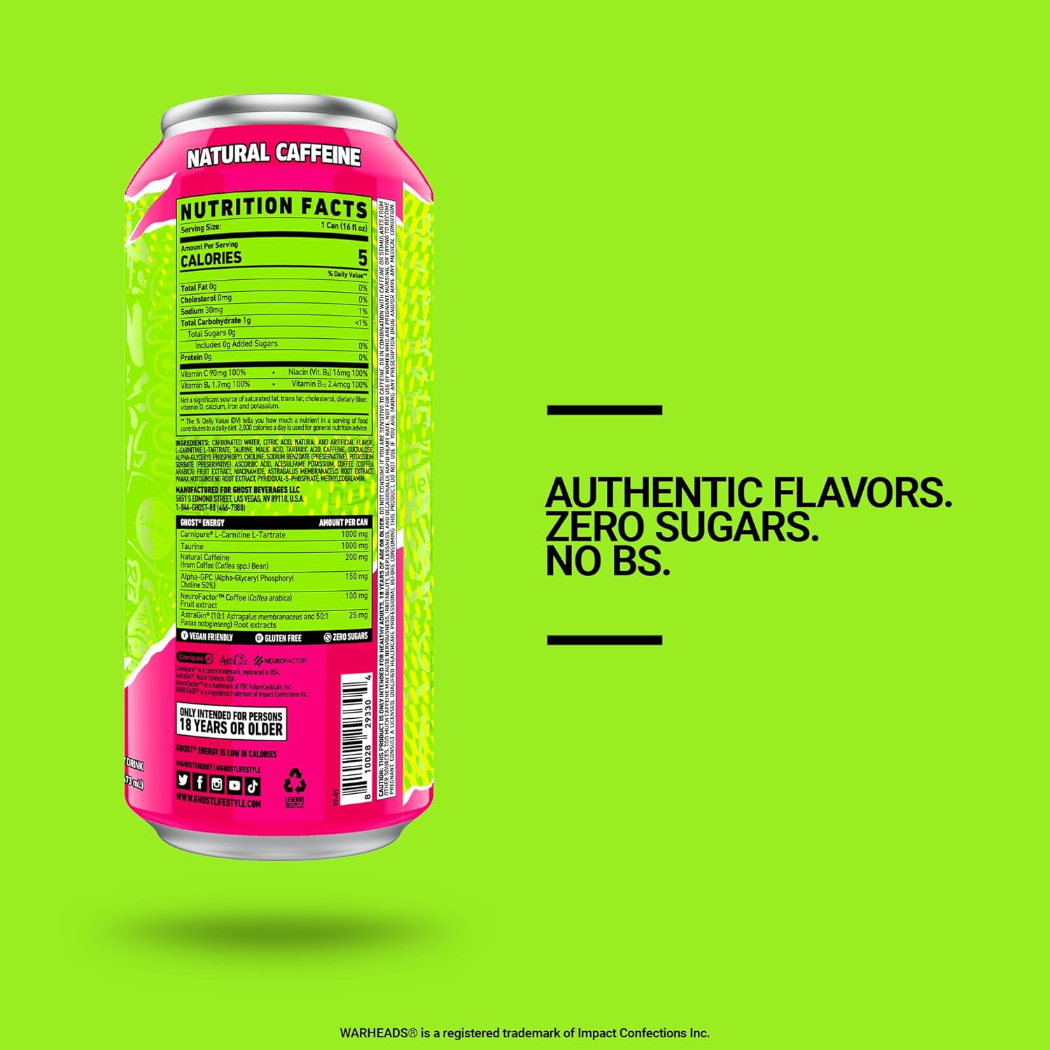 GHOST Energy Drink - 12-Pack, Warheads Sour Watermelon, 16oz - Energy & Focus & No Artificial Colors - 200mg of Natural Caffeine, L-Carnitine & Taurine - Gluten-Free & Vegan
