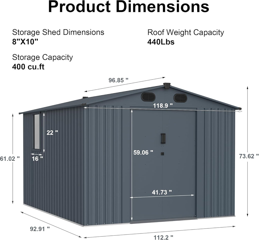 LANTRO JS 10x8FT Metal Outdoor Storage Shed, Garden Tool Shed Without Floor, Garage Shed with Window and Lockable Doors, for Garden Bike Lawnmower
