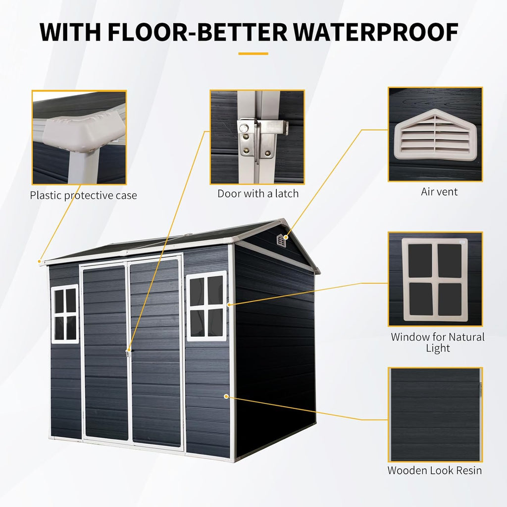 8x6 FT Outdoor Storage Resin Shed with Floor,Waterproof Plastic Garden Bike Shed with Lockable Door, Sloped Roof, Vents & Windows, Easy Assembly Tool Shed for Lawn, Backyard, Patio, Black