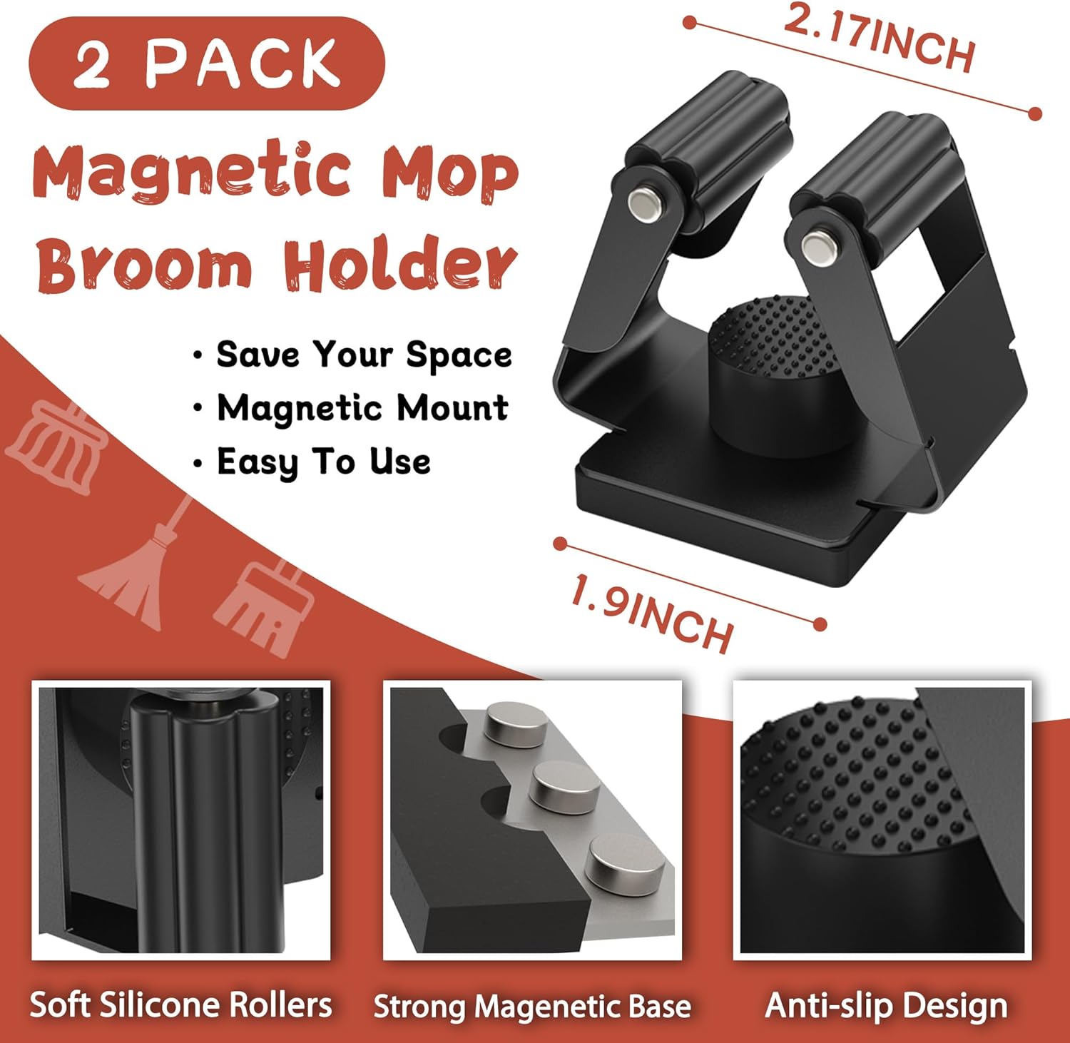 Magnetic Broom Holder,2 Pack Strong Magnetic Mount Broom and Mop Holder for Cleaning Tools,Power Non-Slip Magnetic Tool Holder Broom Hooks for Apartment RV Accessories Camper Garage Kitchen