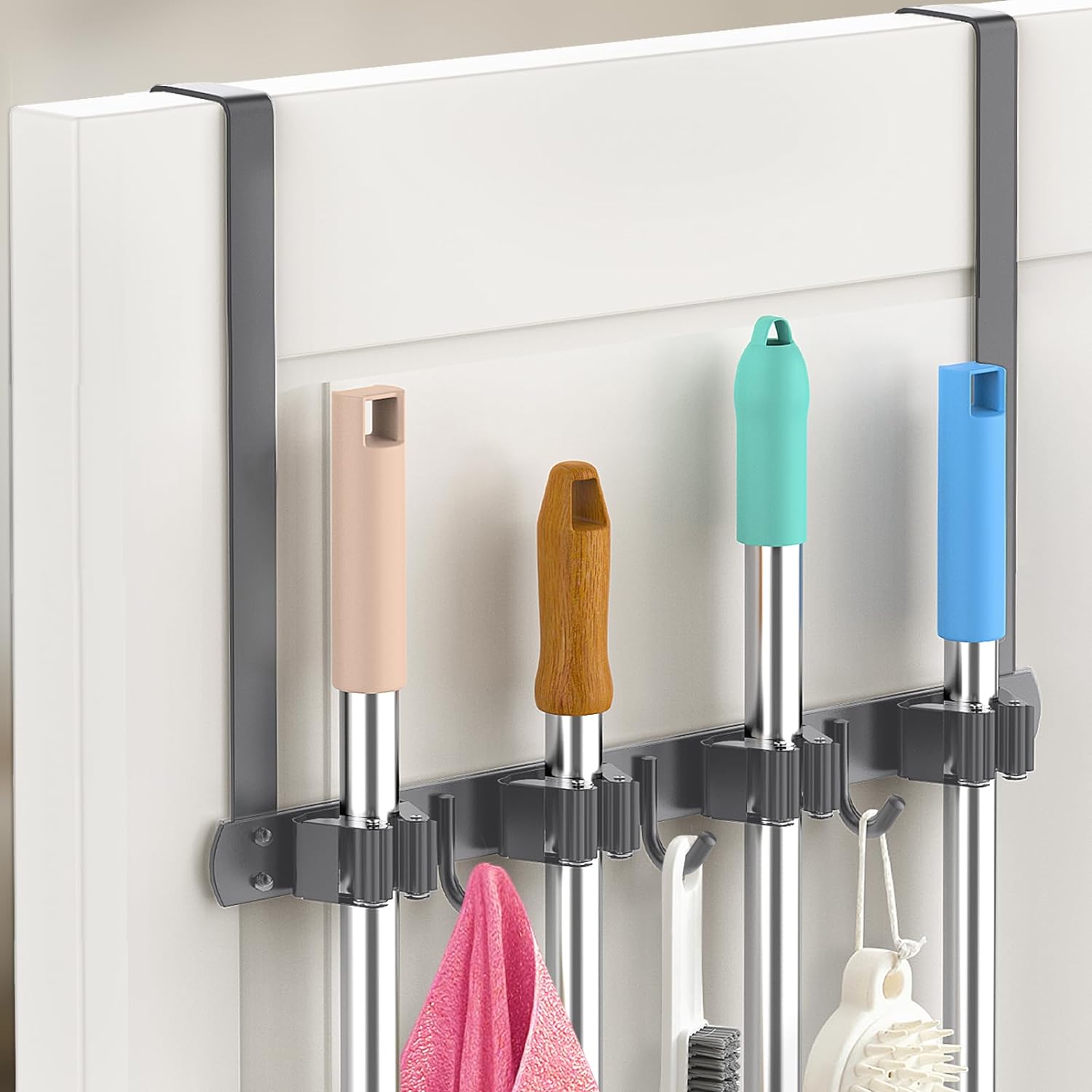 Broom Holder Over The Door-304 Stainless Steel Mop and Broom Holder Wall Mounted or Hanging Over The Door with Hooks - Broom Hanger, Tool Organizer for Garage Closet Laundry Kitchen-Space grey