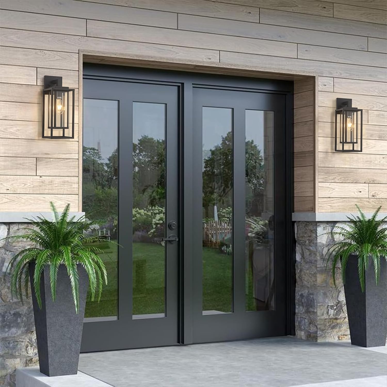 18" Outdoor Wall Light Fixtures Waterproofed Exterior Lantern W/Sturdy Rectangular Double Cage In Satin Black&Clear Tempered Glass,Sconce Mounted For House Patio,Front door,Porch,Garage Lighting 2Pack