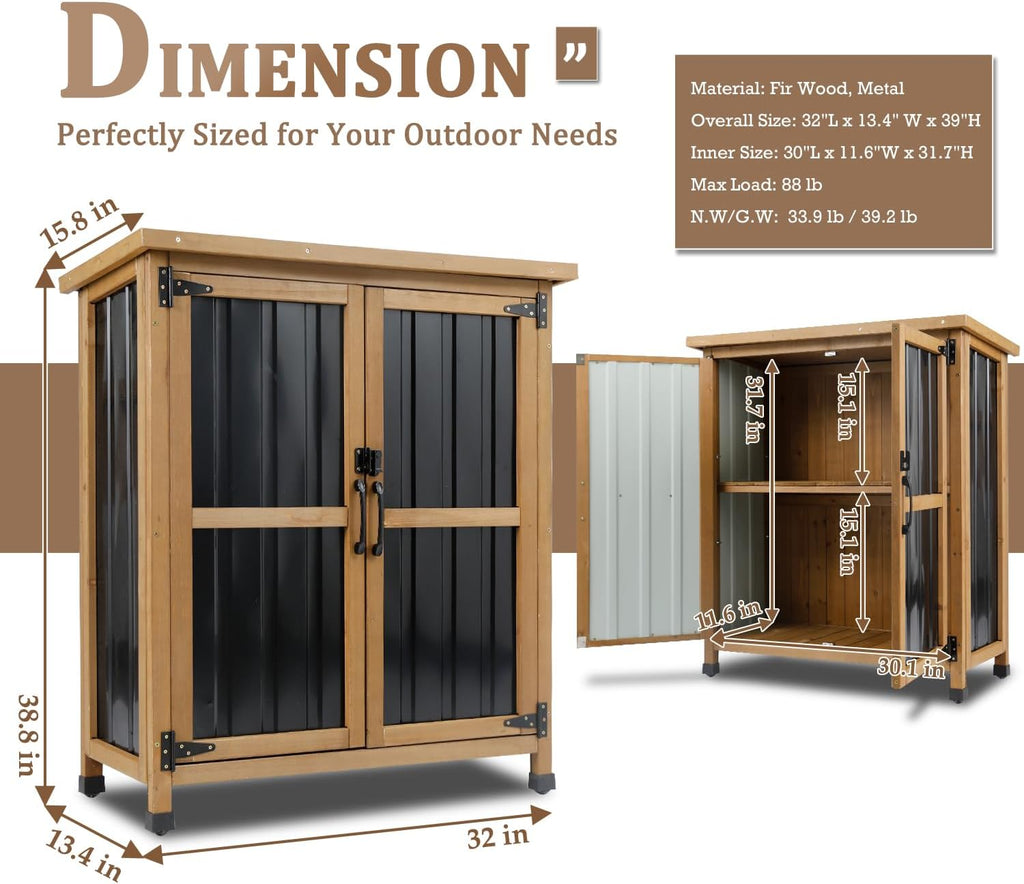 Weatherproof Outdoor Storage Cabinet with Lockable Doors, Wood & Metal Garden Storage Shed Patio Storage Box for Tools & Lawn Equipment, Pool Accessories