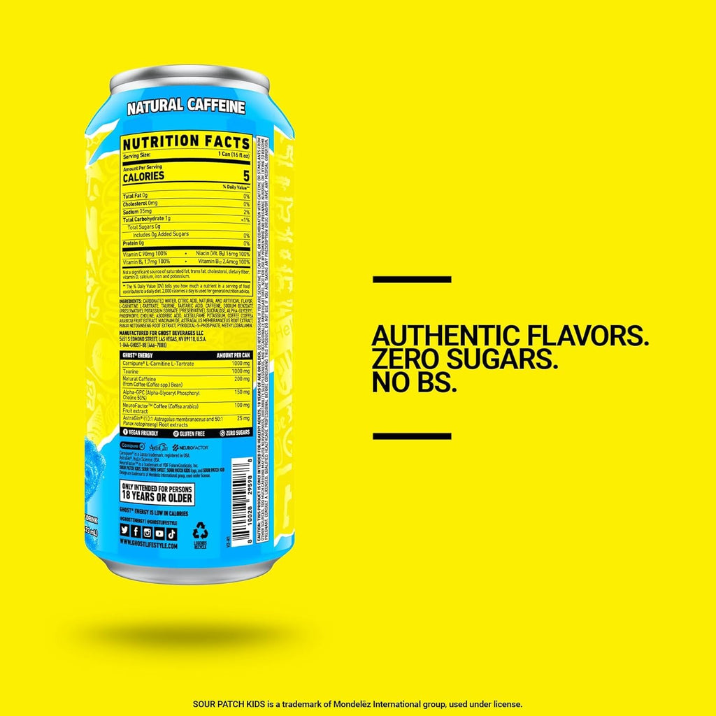 GHOST Energy Drink - 12-Pack, Sour Patch Kids Blue Raspberry, 16oz - Energy & Focus & No Artificial Colors - 200mg Natural Caffeine, L-Carnitine & Taurine - Gluten-Free & Vegan