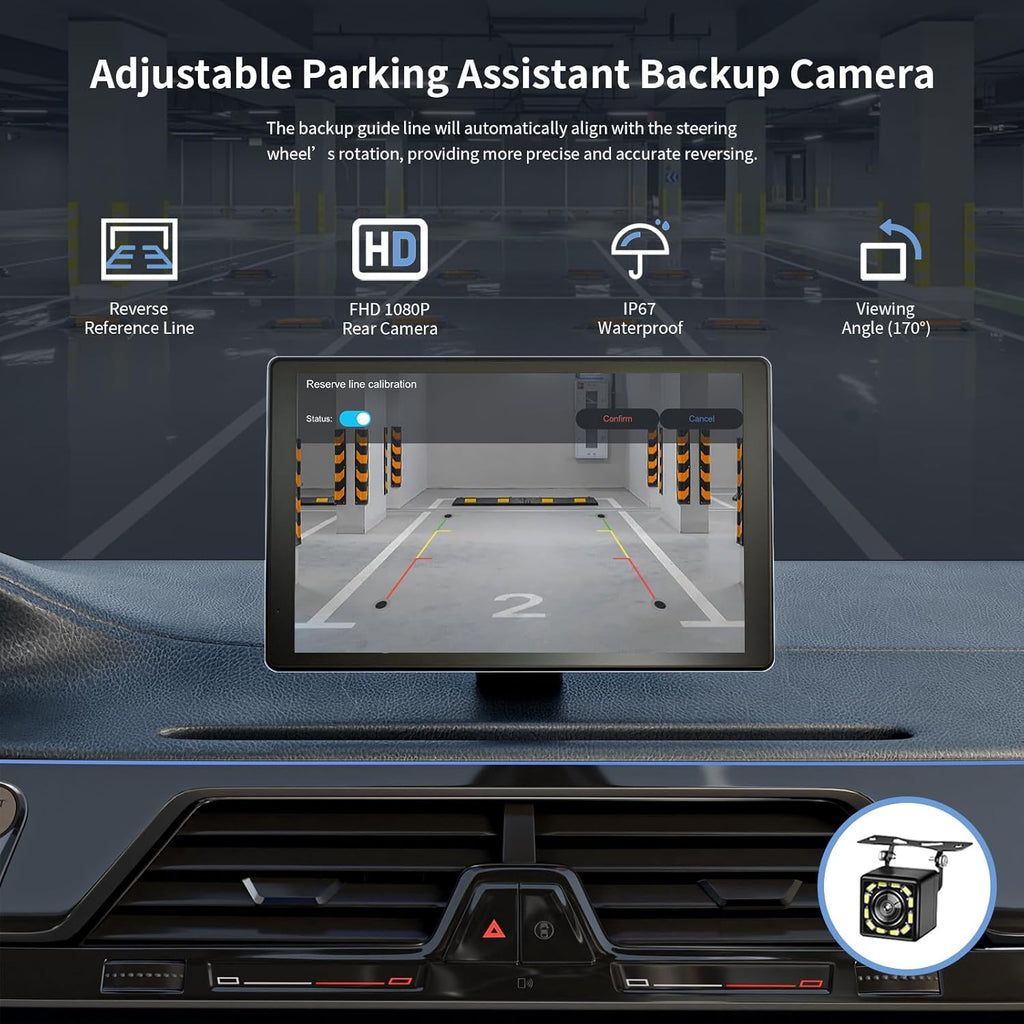 Portable Apple Carplay Screen for Car, 9" Wireless Apple Carplay & Android Auto,4K Dash Cam,1080p Backup Camera DVR,Car Audio Receivers GPS Navigation Mirror Link, Bluetooth,FM, Siri