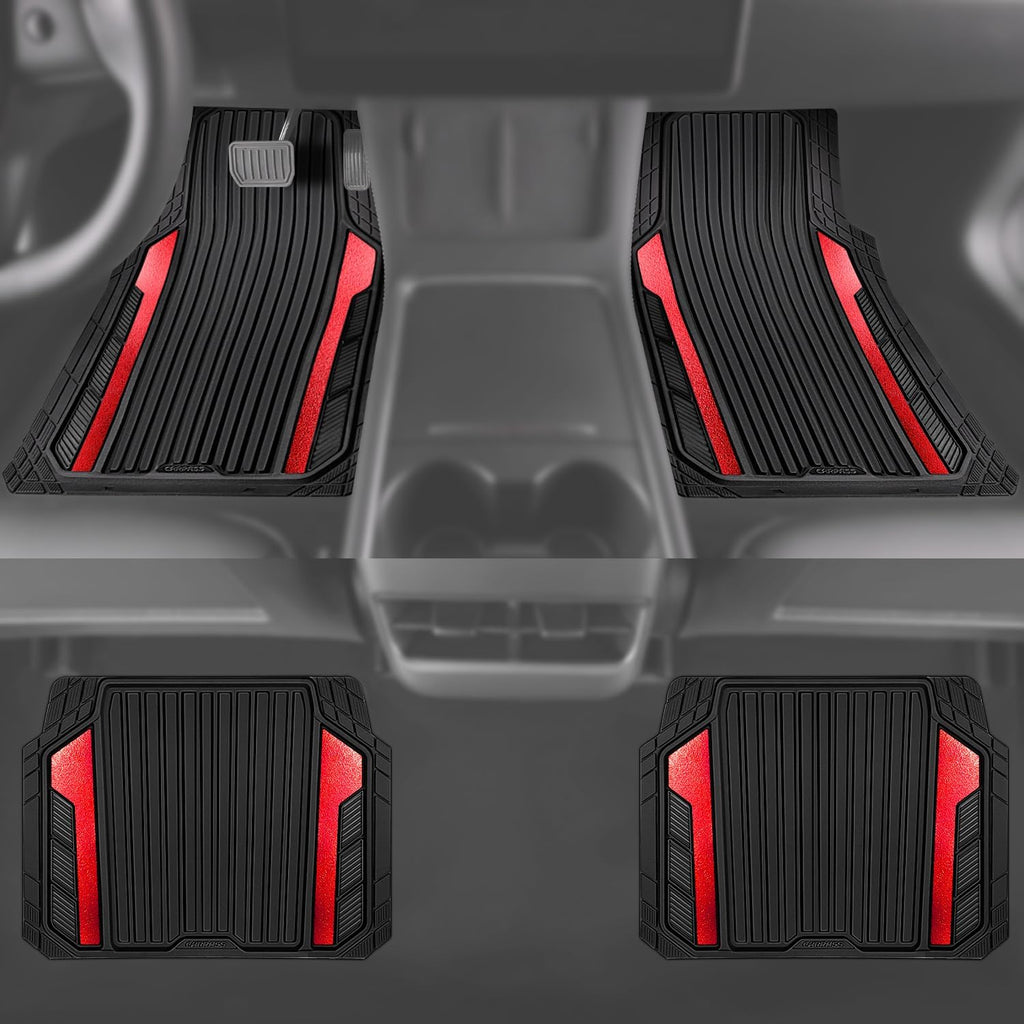 CAR PASS Heavy Duty Rubber Car Mats Metallic, Aluminum Film All Weather Floor Mats Waterproof Universal Trim to Fit Automotive SUV Sedan Van 4 Piece Anodized Deep Dish Two-Tone Sporty Black Red Chrome