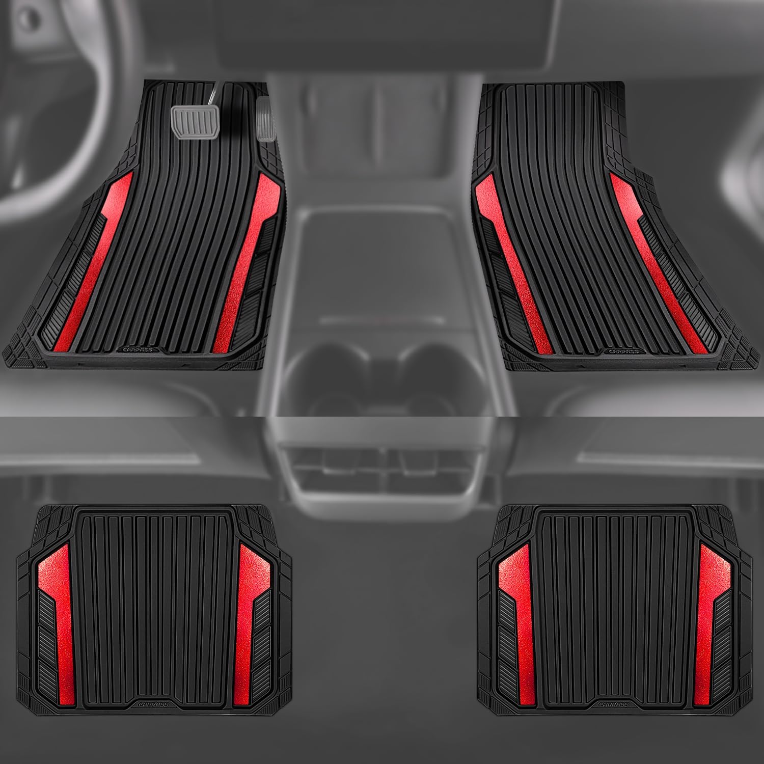 CAR PASS Heavy Duty Rubber Car Mats Metallic, Aluminum Film All Weather Floor Mats Waterproof Universal Trim to Fit Automotive SUV Sedan Van 4 Piece Anodized Deep Dish Two-Tone Sporty Black Red Chrome