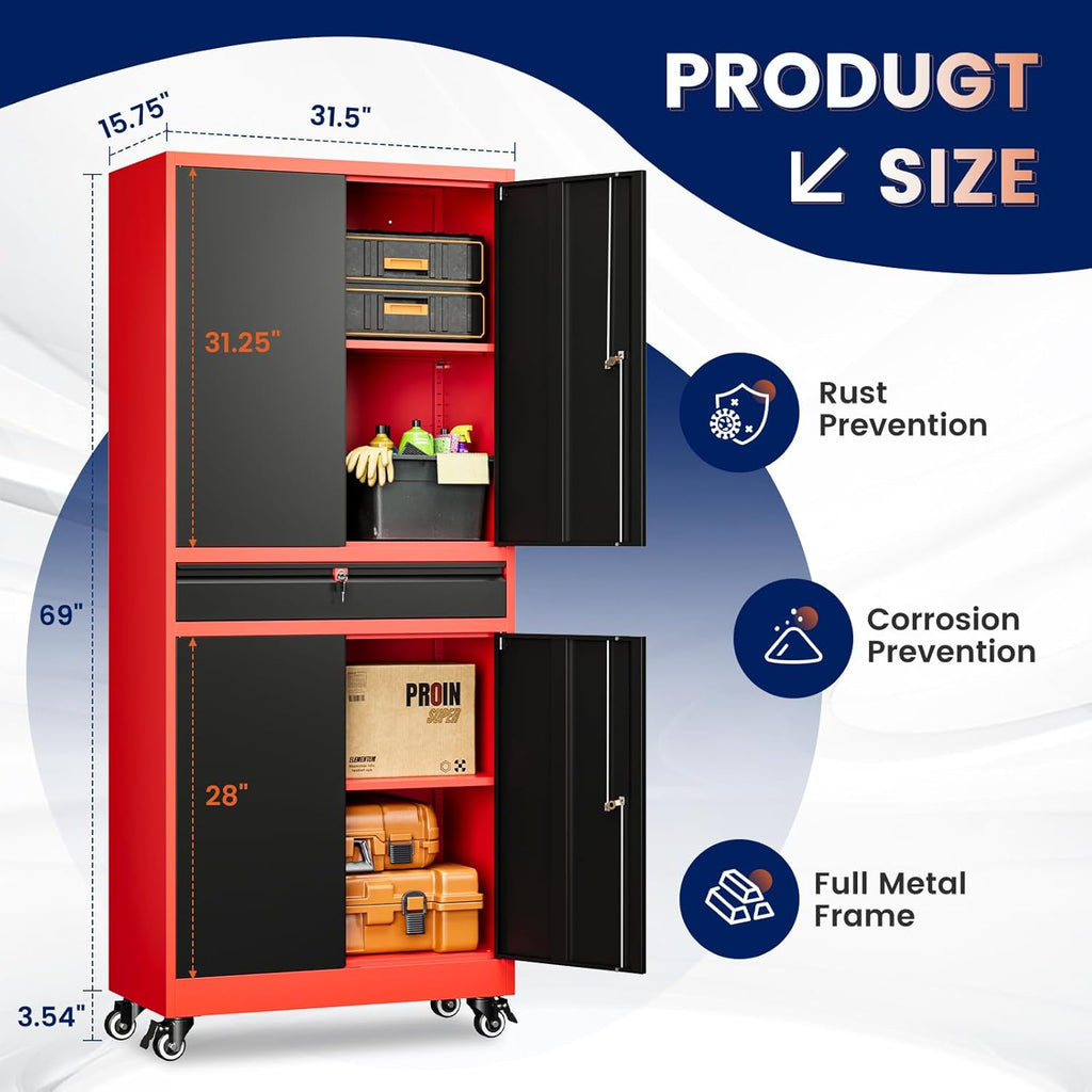 Yizosh Metal Garage Storage Cabinet with Locking Doors and Adjustable Shelves,- 73" Rolling Tool Storage Cabinet with 4 Wheels and 1 Drawer for Garage,Warehouse (Red Black)