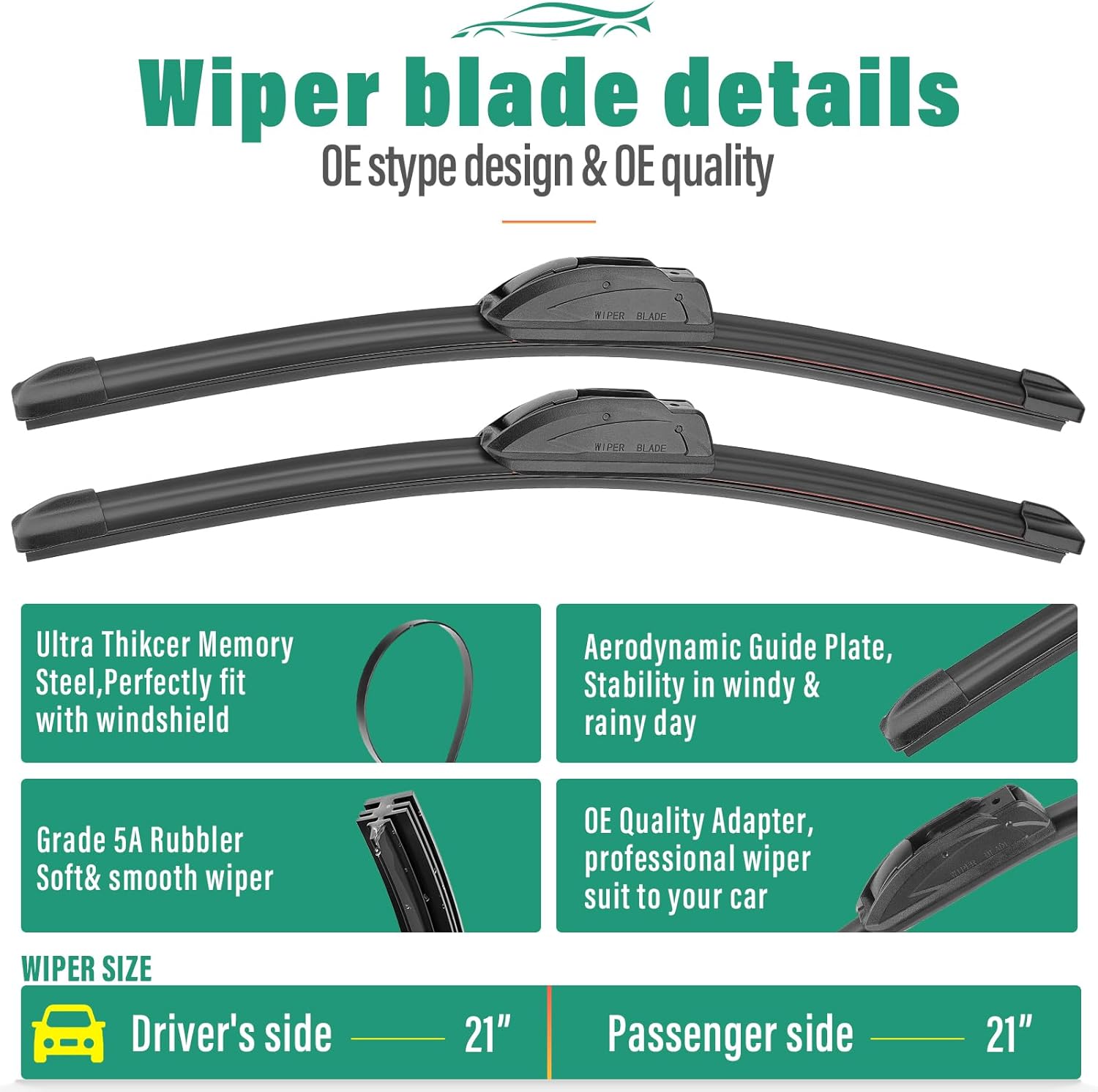 21" 21" 10" Windshield Wiper Blades Replacement for Jeep Patriot 2007-2017 Premium All Weather Front Rear Wipers Set - OEM Quality (Pack of 3)