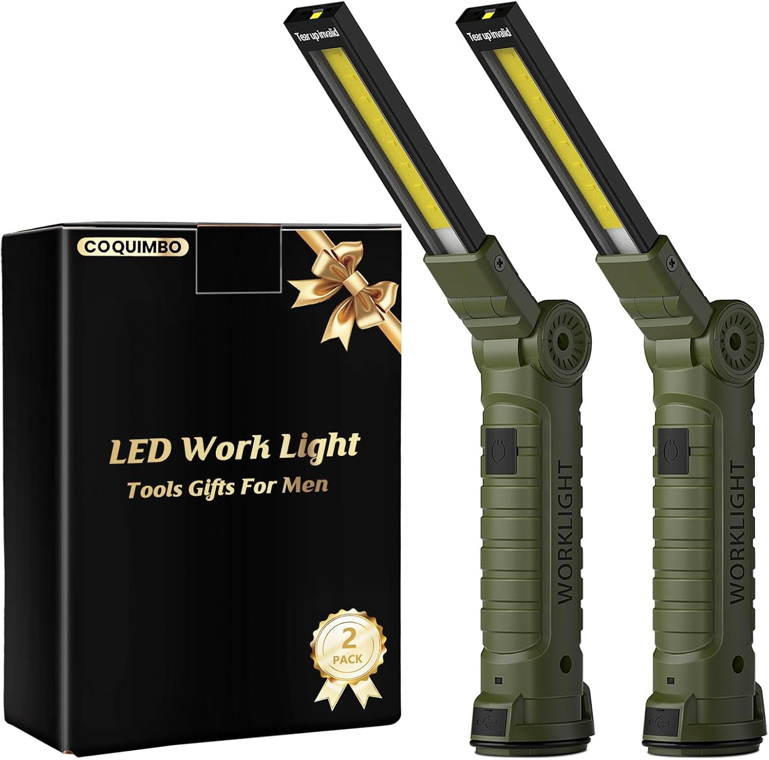 Coquimbo Tool Gifts for Men Him, Rechargeable LED Work Light Grill Light with Magnetic Base and Hook 5 Modes 360° Rotate Mechanic Light Birthday Gifts for Dad Husband Men (2 Pack Green)