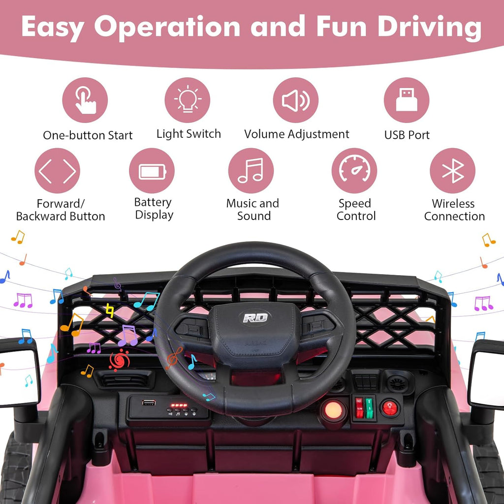 Costzon Kids Ride On Truck, 12V Battery Powered Electric Vehicles w/Remote Control, Spring Suspensions, 3 Speeds, Music, Lights, Wireless Connection, Ride on Car for Boys & Girls 3+ (Pink)