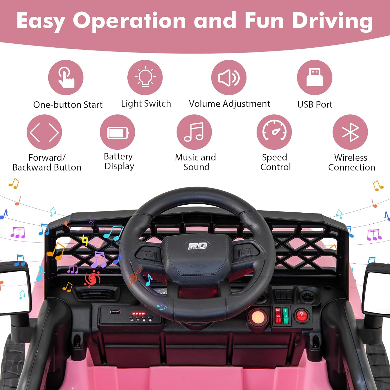 Costzon Kids Ride On Truck, 12V Battery Powered Electric Vehicles w/Remote Control, Spring Suspensions, 3 Speeds, Music, Lights, Wireless Connection, Ride on Car for Boys & Girls 3+ (Pink)