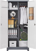 GREATMEET 72.8" Broom Storage Cabinet, Utility Cabinets for Brooms and Mops, Metal Storage Cabinets for Cleaning Supplies, Utility Closet for Garage, Grey&White