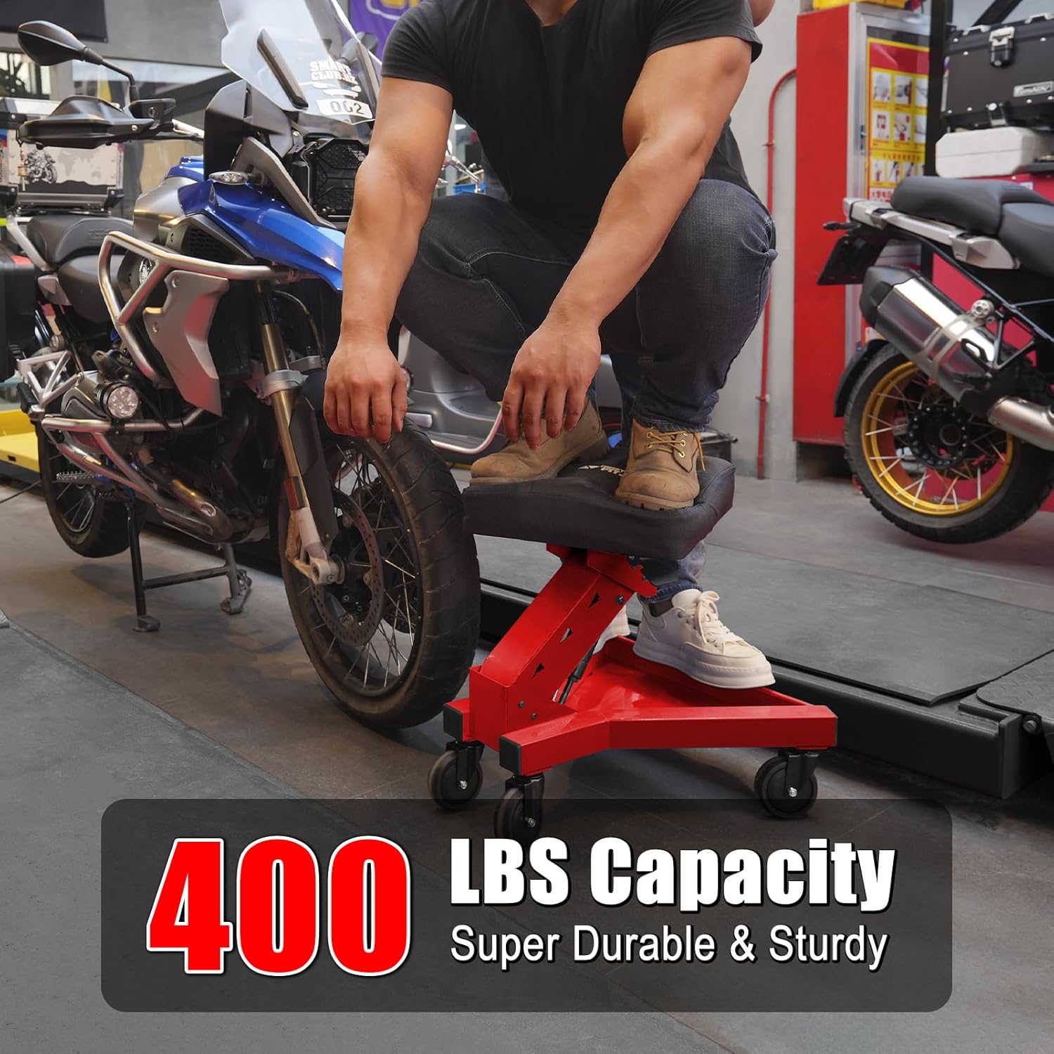 Mechanic Stool with Wheels, Hydraulic Adjustable Shop Stool on Wheels, Garage Work Rolling Chair for Workshop, 400 LBS Capacity, 4 Inch Casters, 360° Swivel Casters Roller Chair, Red