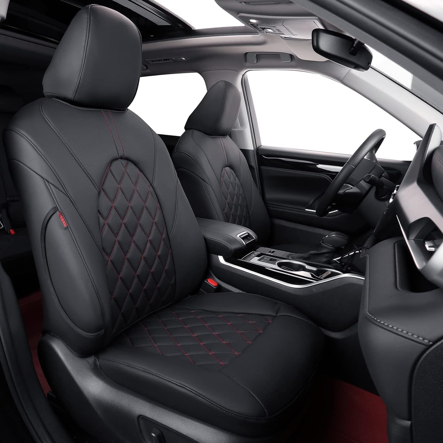 coverdream Custom Fit Camry Car Seat Covers for 2025 Toyota Camry LE,SE,Full Coverage Waterproof Leather Seat Protector(Full Set,Black/Red)