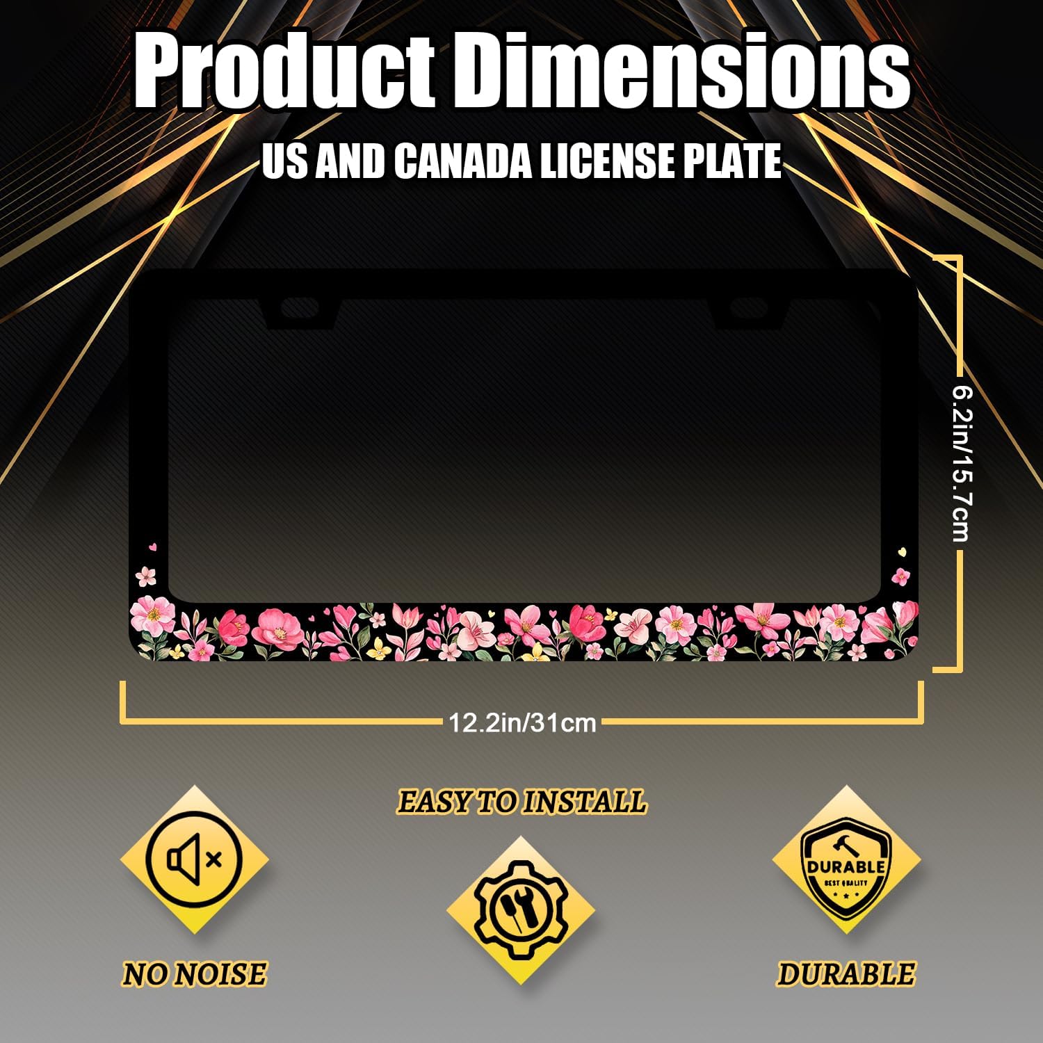 Pink Flowers License Plate Frame Colorful Floral Flower License Plate Stainless Steel Women Accessories Cars Decor 12.2 X 6.2 Inch with 2 Holes and Screws Fits Standard Us Ca Vehicles