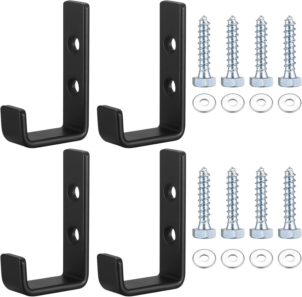 Heavy Duty Garage Hooks for Hanging, 4pcs Black Garage Storage Wall Mount J Hook Heavy Duty, J Utility Hooks for Extension Cord Tool Cable, Clothes, Keys Hook (4Pcs)