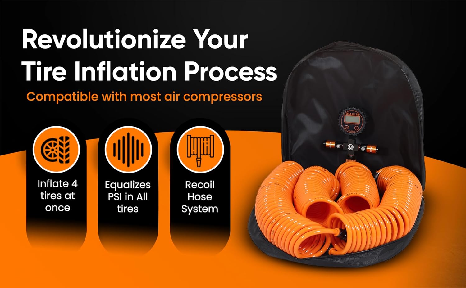 EZ FLATE 4 Tire Hose System | Heavy Duty | Truck or Car Tires | UTV Side By Side Tires | Fast Inflation | 4 Tires at Once | Auto Equalize | Quick Connest Air Chucks (Recoil Hose System)