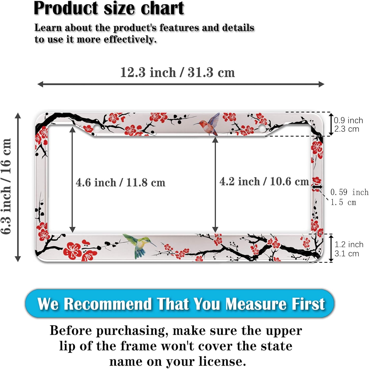 Automotive Exterior Accessories Black, White, and Red License Plate Frames Hummingbird Flowers Universal Aluminum Car Accessory 2 Pack with Screw Covers Set