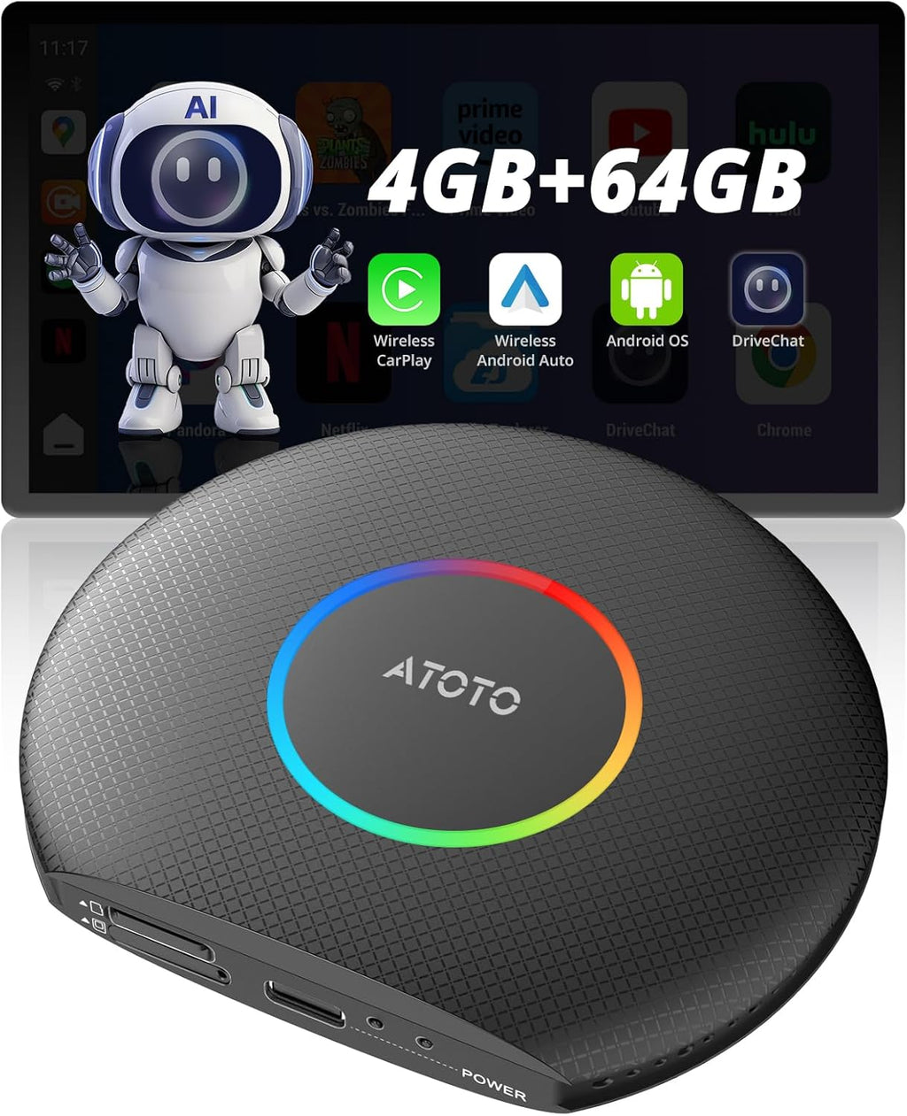 CB6 CarPlay AI Box & Android AI Box, Wireless CarPlay/Android Auto Adapter, Plug & Play CarWave Car Smart Box with AI DriveChat, GPS Track, Android 13, 2 BT, 4G LTE, 4G+64G, Black