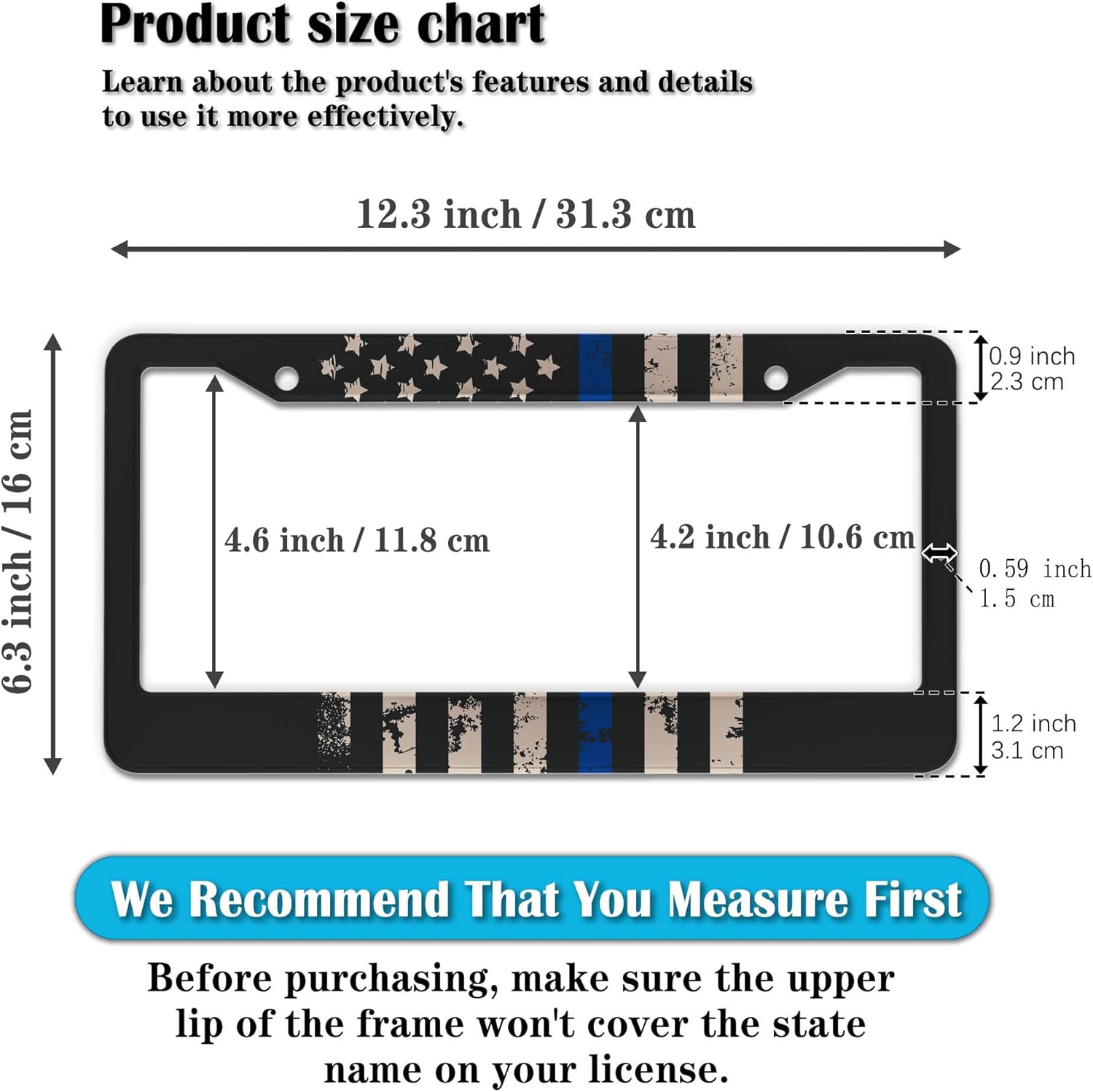 License Plate Frames Black, White, and Blue Car Plate Frames Thin Blue Line USA Flag Universal Aluminum Car Accessory 2 Pack with Screw Covers Set