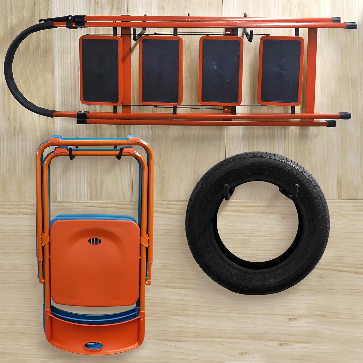 HUHOLE Ladder Hooks 4 Pack Wall Hangers - Ideal for Garage Storage: Ladder, Chair, Cord, Hose, Wheelbarrow