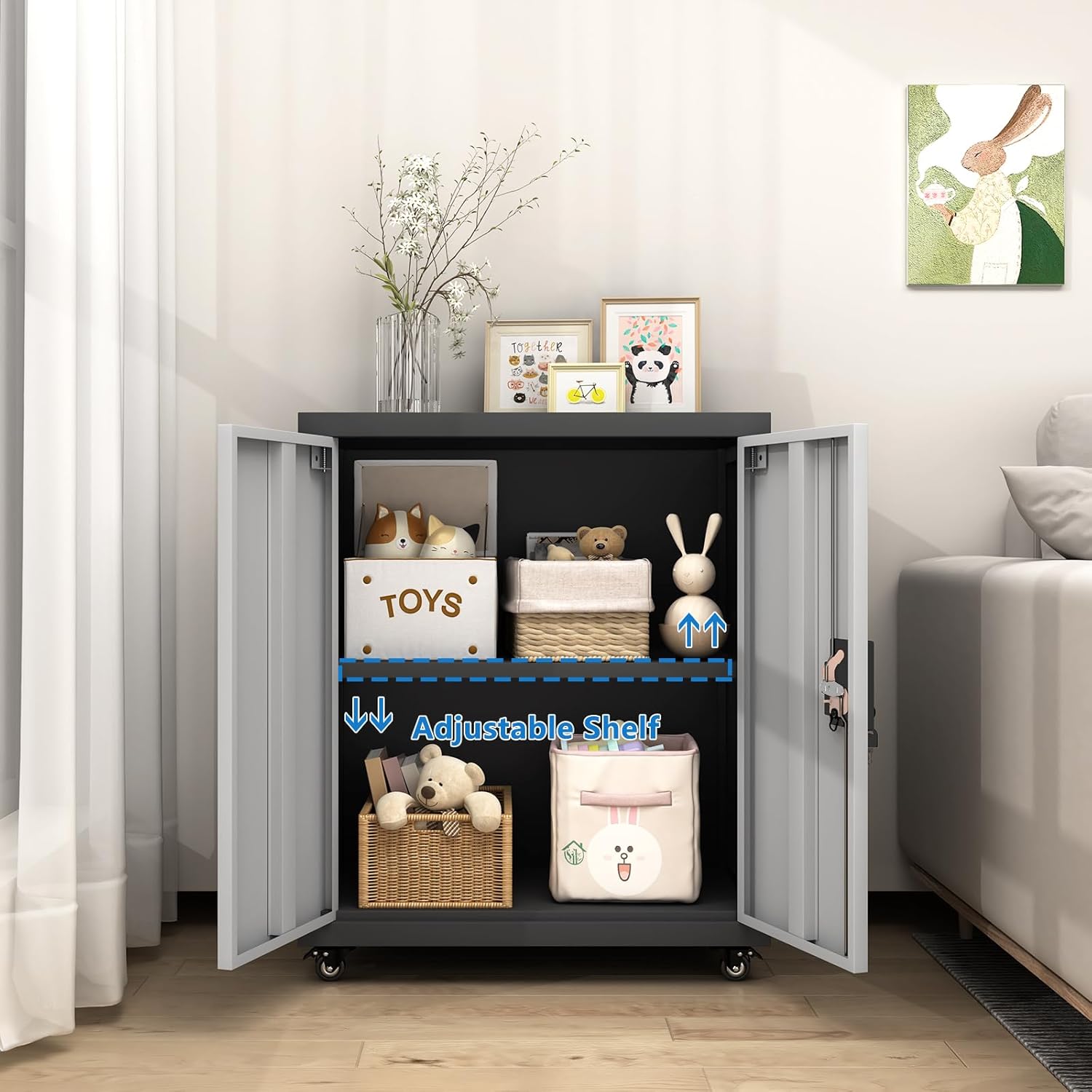 GREATMEET Garage Cabinets with Wheels,Small Storage Cabinet with Doors and Adjustable Shelves，Locking Metal Garage Storage Cabinets for Home Office Utility Room