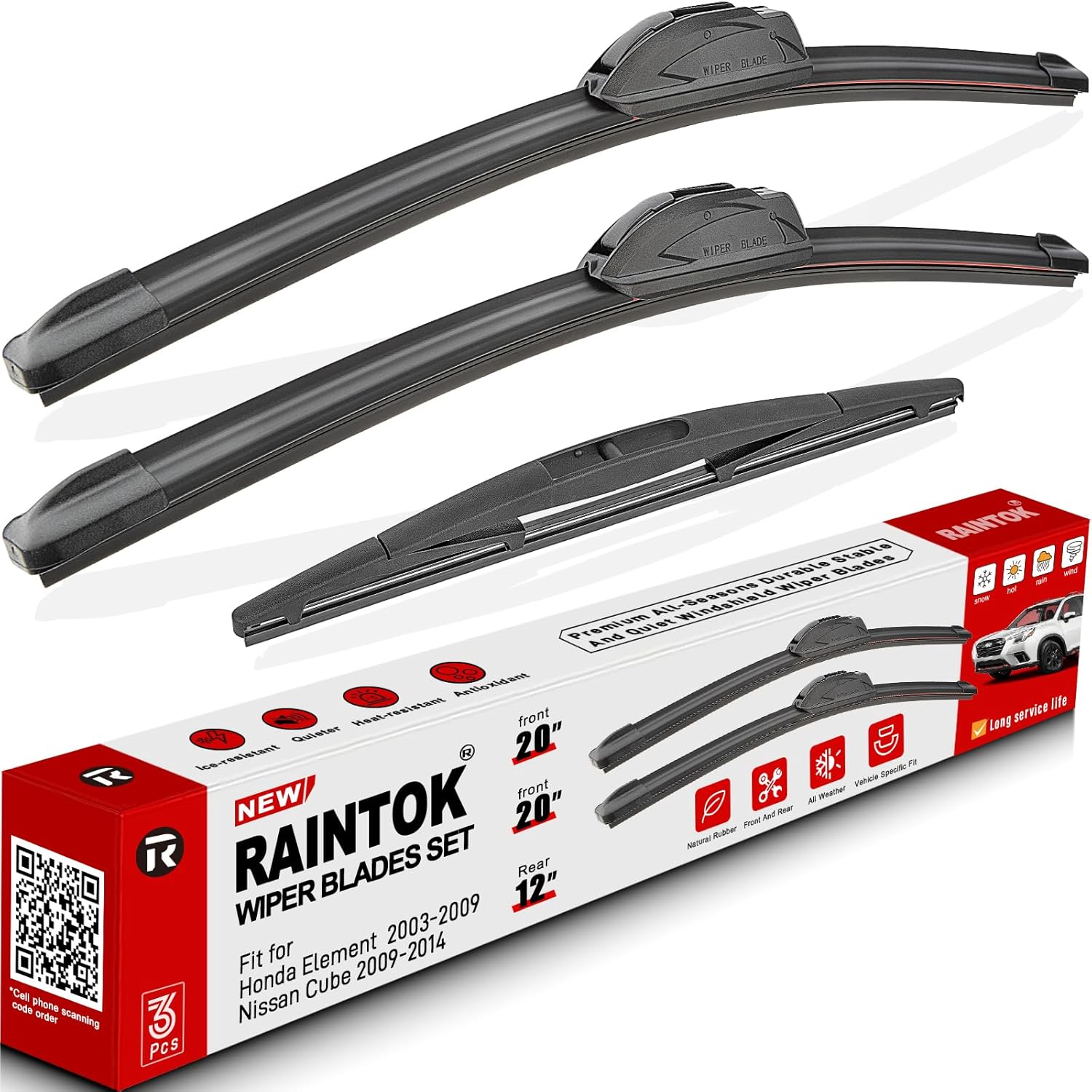 Windshield Wiper Blades Replacement for 2003-2009 Honda Element / 2009-2014 Nissan Cube Original Factory Quality Front Rear Wipers Blade Set for My Car - 20" 20" 12" (Pack of 3)