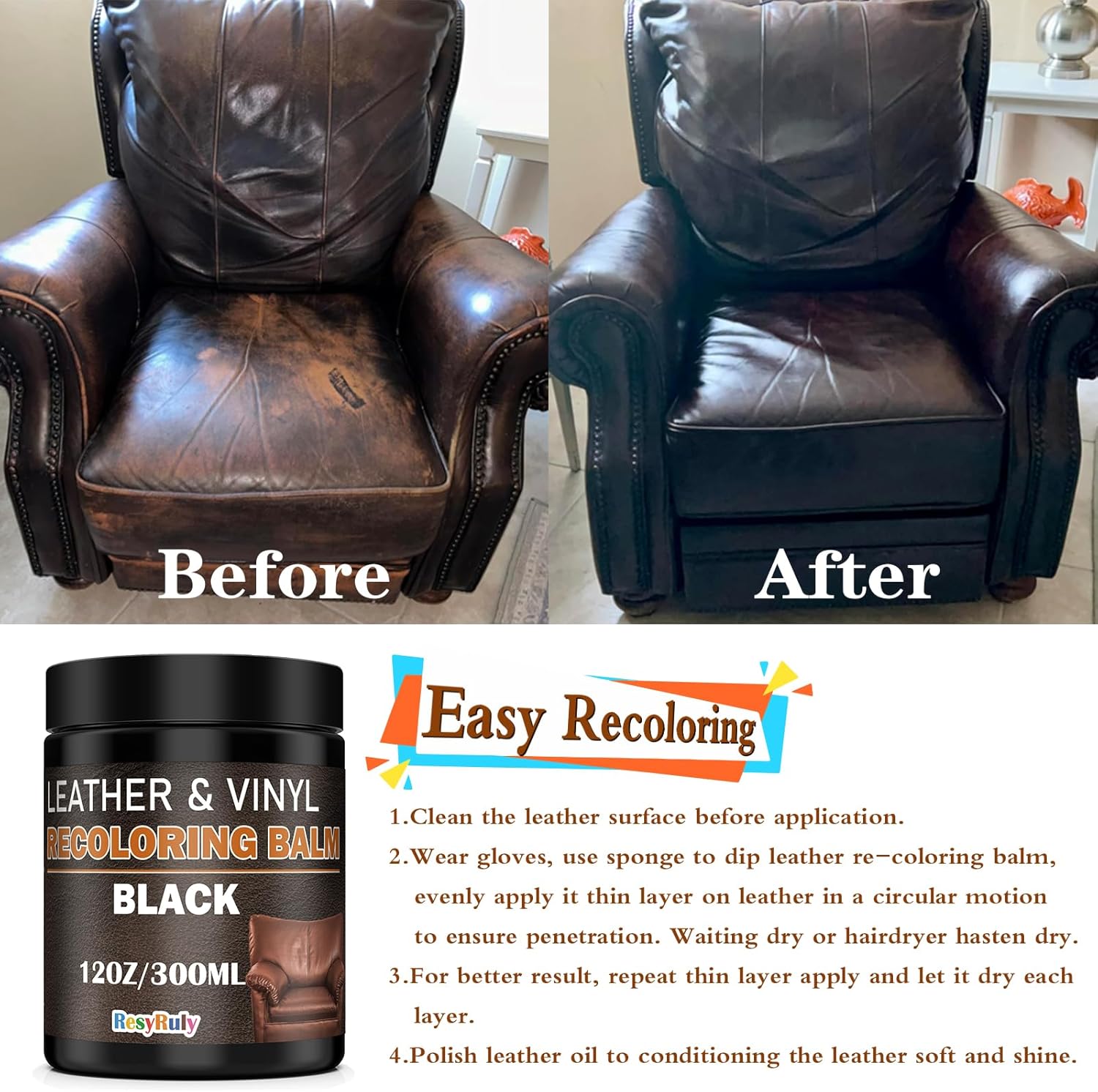 Leather Recoloring Balm Black Leather Dye Vinyl Paint Car Interior Seat Furniture Conditioner Couch Recliner Boots Jacket Shoes Handbag Purse Belt Color Restorer Fade Wear Scratch Remover Repair Kit