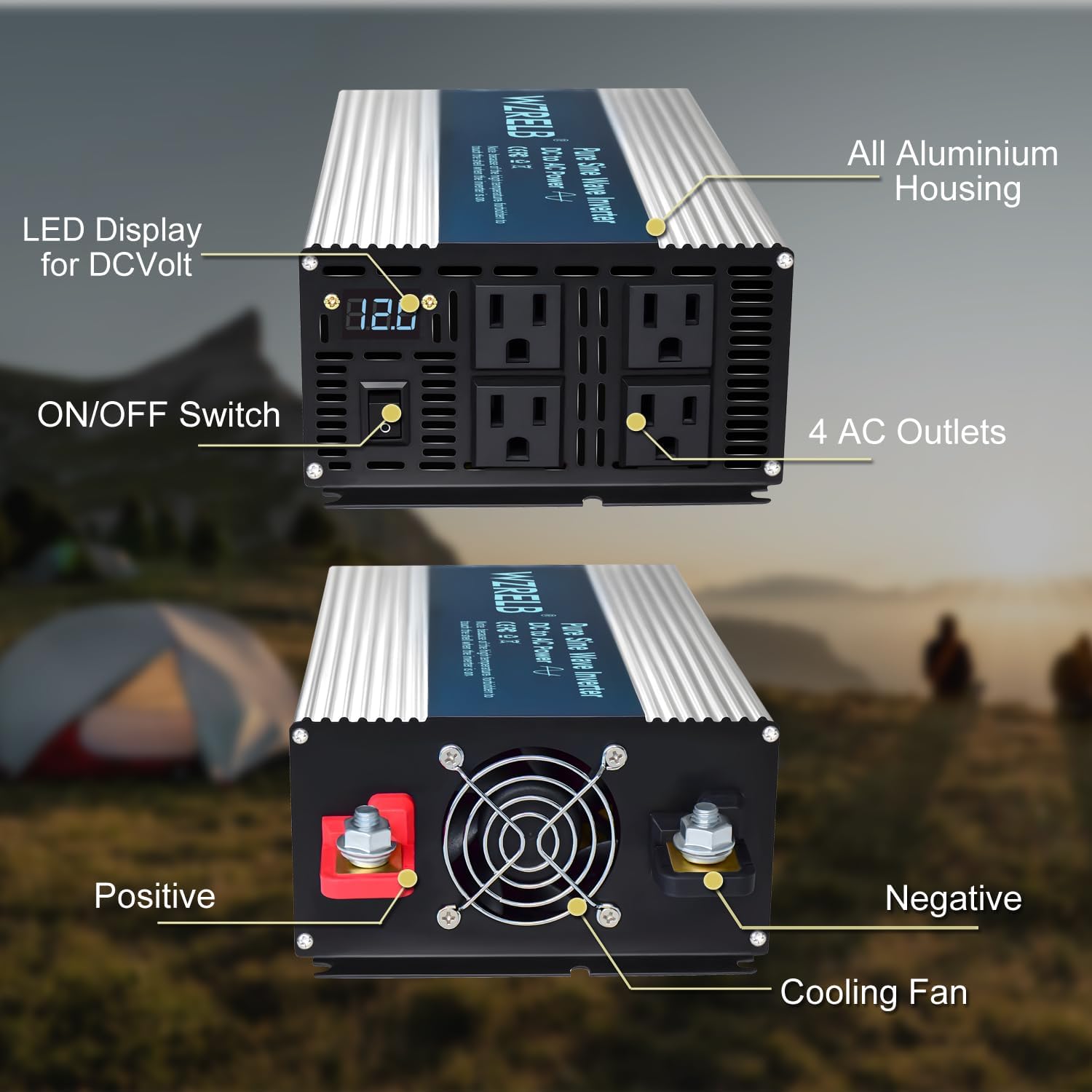 WZRELB 1800W Pure Sine Wave Inverter 24V DC to 110V 120V AC,Car Power Inverter with 4 AC Outlets, LED Display,Off-Grid Portable Power Converter for Home, RV, Truck, Camping