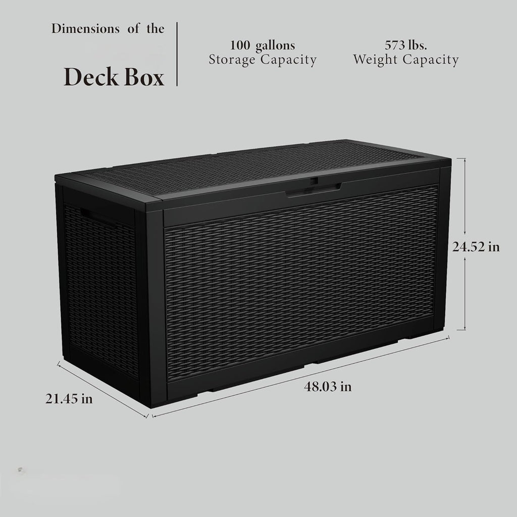 100 Gallon Resin Deck Box, Waterproof Outdoor Storage Bin for Patio Furniture, Pool Accessories, and Garden Tools, Lockable & UV-Resistant, Black