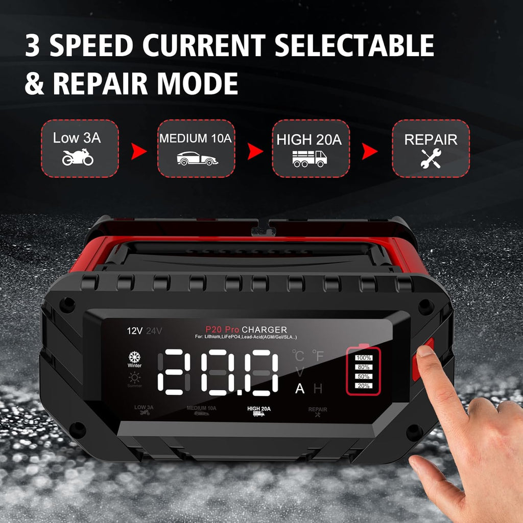20-Amp Car Battery Charger, 12V/24V Smart Automotive Charger, Battery Maintainer, Trickle Charger for Car, Motorcycle, Boat, Lead-Acid, Lithium, LiFePo4 Battery
