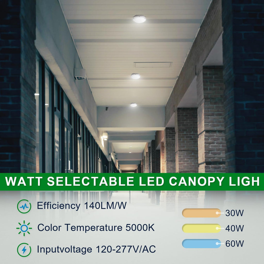 OSTEK LED Canopy Gas Station Light with Motion Sensor 30W/40W/60W Power Selectable 5000K LED Parking carport Lights 90-277V IP65 Commercial Residential Lights DLC & UL Listed