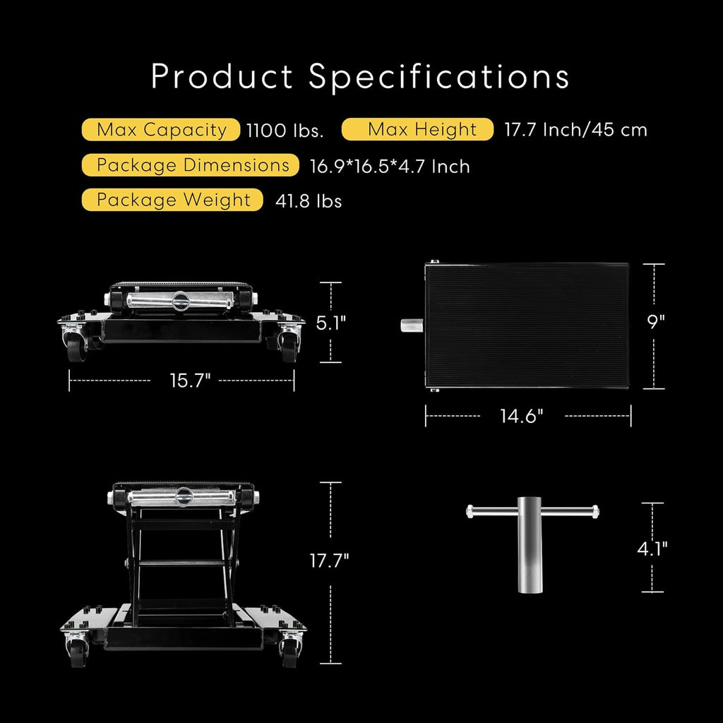 VIVOHOME 1100 Lbs Steel Wide Deck Motorcycle Lift ATV Scissor Lift Jack with Dolly and Hand Crank Bikes Garage Repair Hoist Stand Black