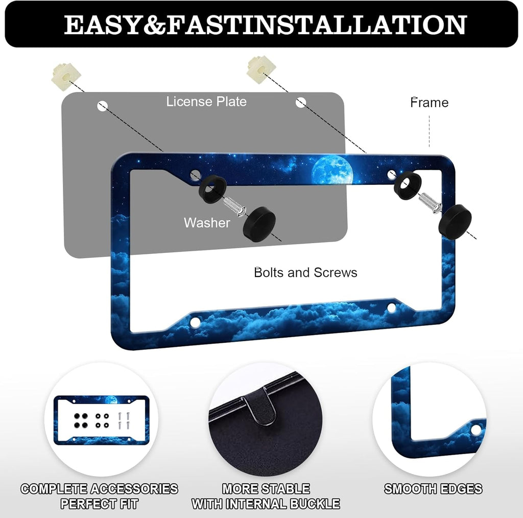 Moon Galaxy Starry Sky License Plate Frames - 2 Pack Night Sky License Plate Holder,Stainless Steel Rust-Proof Waterproof Car Decorative Tag Frame with Screws Fasteners Caps