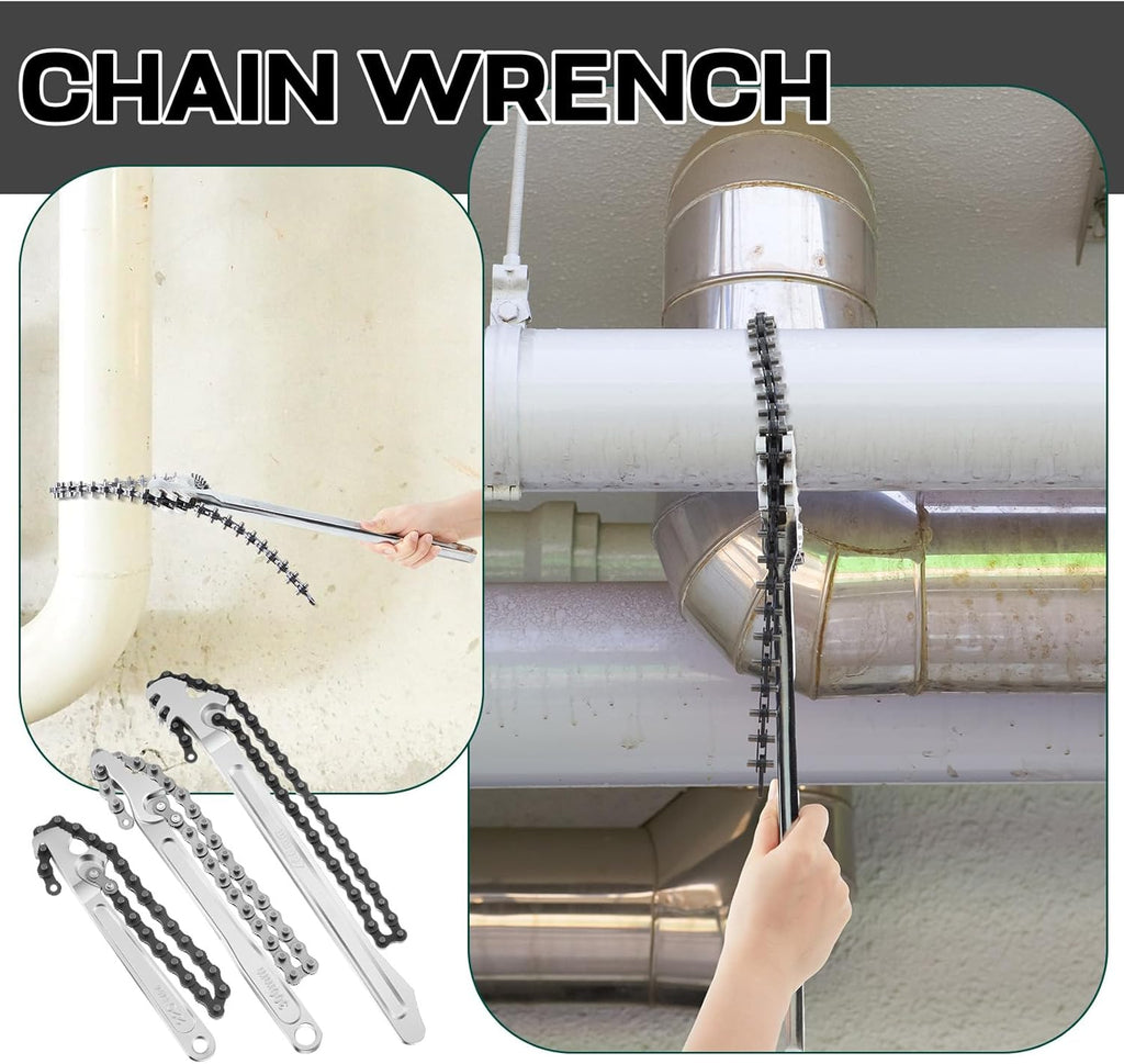 Lasnten 3 Pcs Large Reversible Chain Oil Filter Wrench with 12 16 9 Inch Chain Wrench Adjustable Heavy Duty Carbon Steel Sturdy Pipe Fitting Tool Spanner for Ratcheting Universal(Silver)