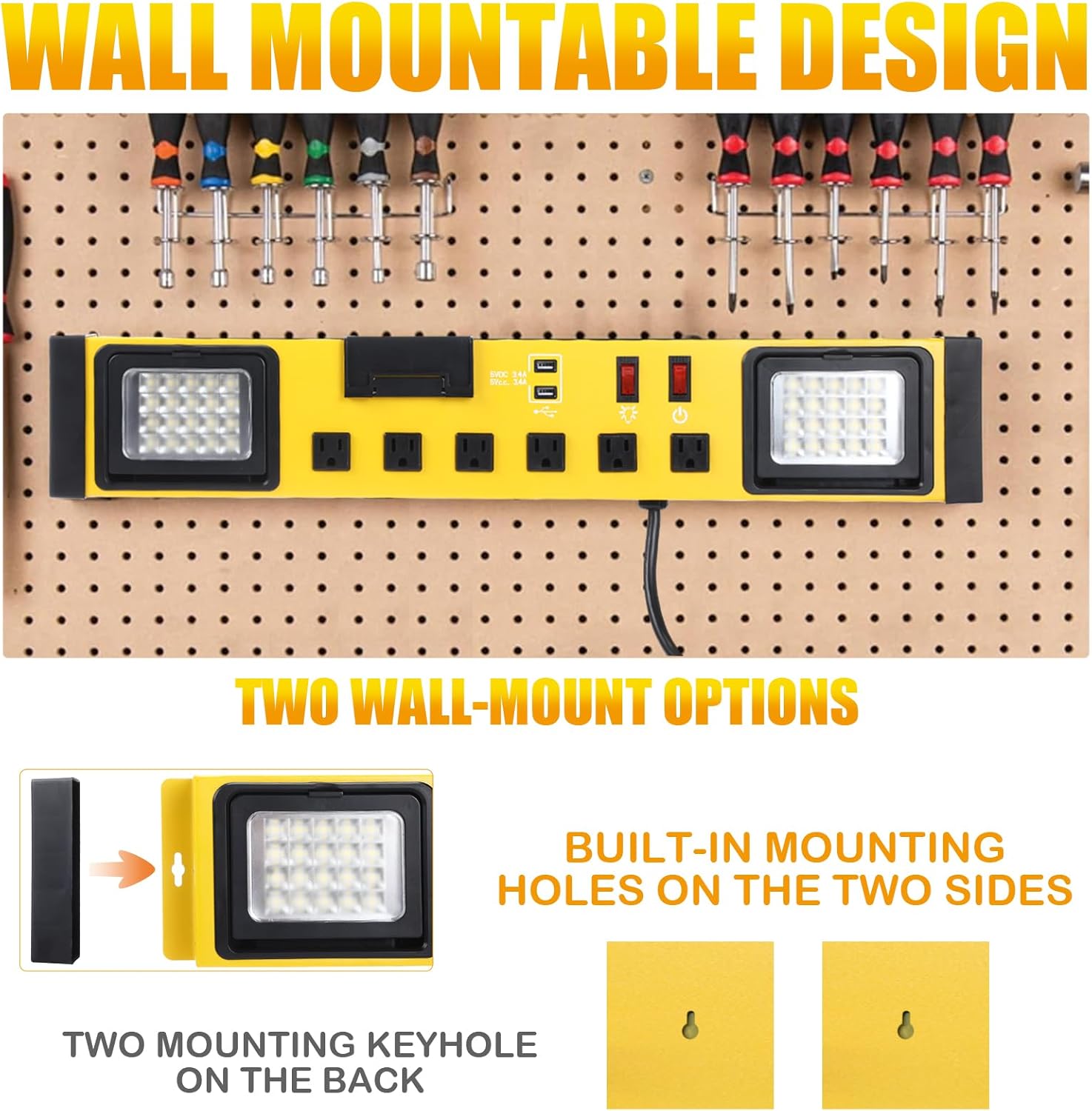 6 Outlets Power Strip with LED Worklight, Metal Heavy Duty Wall Mount Workbench Power Strip with 6FT 14/3 AWG Cord, 2 USB Ports, 15A Circuit Breaker for Home Office Garage Workshop
