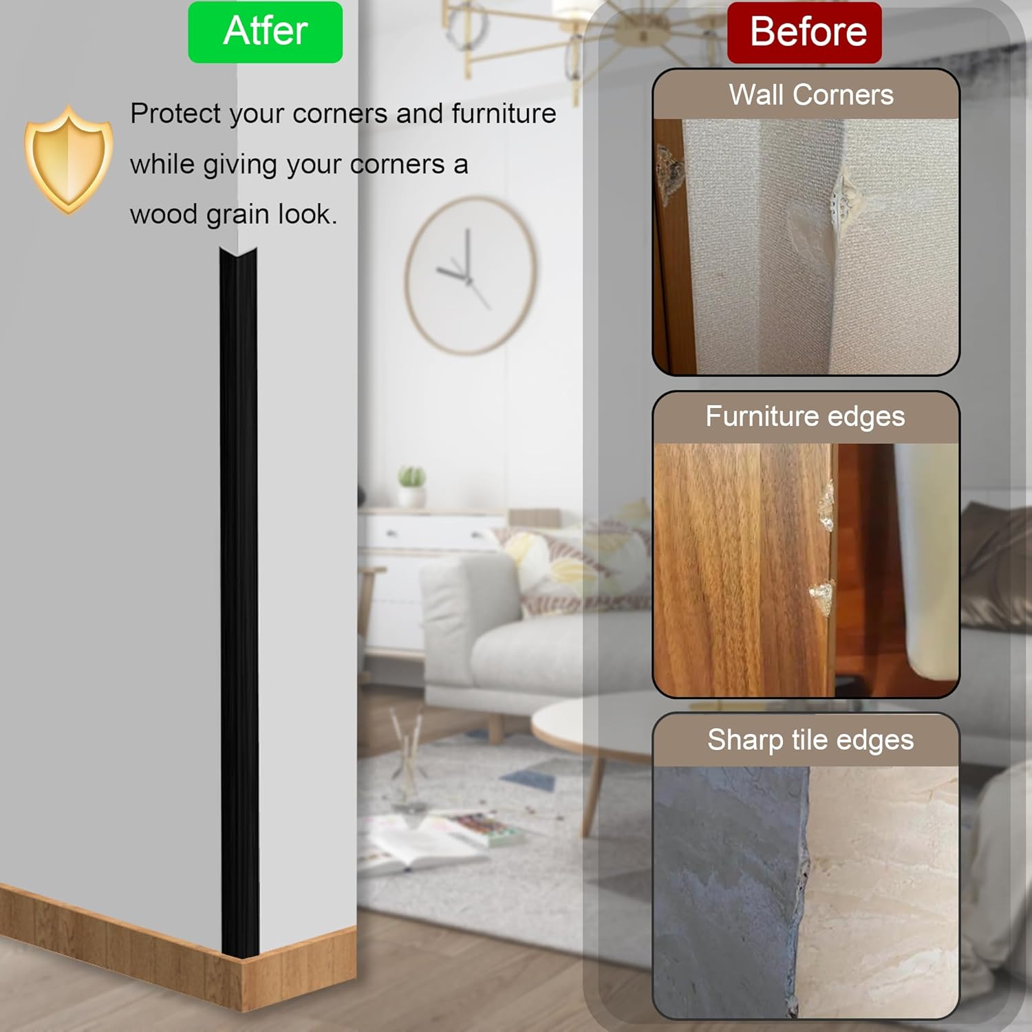 6 Pcs 49" Wall Corner Protector Trim, Black Wood Grain Edge Strip for Door and Window Frames Mirror Trim Backsplash Tile Edge (Black)