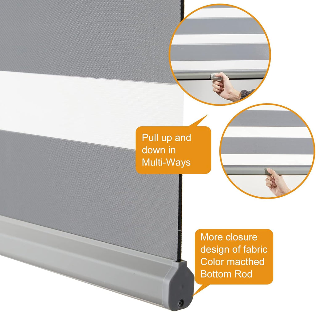 Persilux Cordless Zebra Blinds for Windows Free-Stop Roller Windows Shades (46" W X 72" H, Grey) Dual Layer Light Control for Day and Night, Light Filtering Sheer Shades for Home