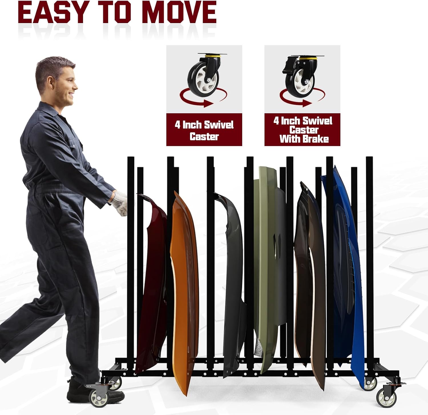 Vehicle Hood Storage Cart, 6 Hood Storage Rack with Dedicated Area for Each Hood Maximize Space Utilization 4 Inch Swivel Caster Allow Floor Mobile Vehicle Hood Storage Cart Smooth Maneuverability
