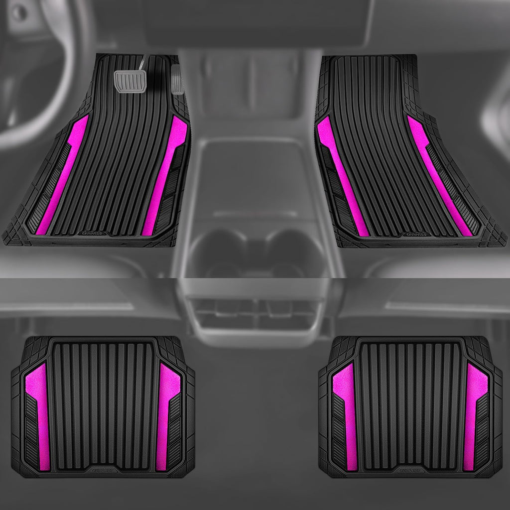 CAR PASS Heavy Duty Rubber Car Mats Metallic, Aluminum Film All Weather Floor Mats Waterproof Universal Trim to Fit for SUV Sedan Van 4 Piece Anodized Deep Dish Two-Tone Sporty Black Hot Pink Chrome